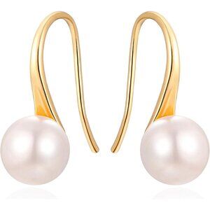 14K Gold Hoop Handpicked A+ Quality 7.5-8mm White Pearl Dangle Drop Earrings